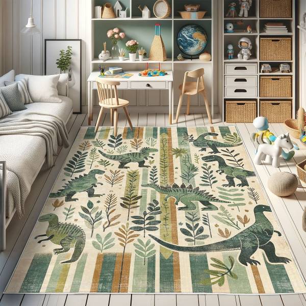 Kurzflorteppich Dinosaurier mit Streifen Polyester - Mehrfarbig - 60 x 152 cm