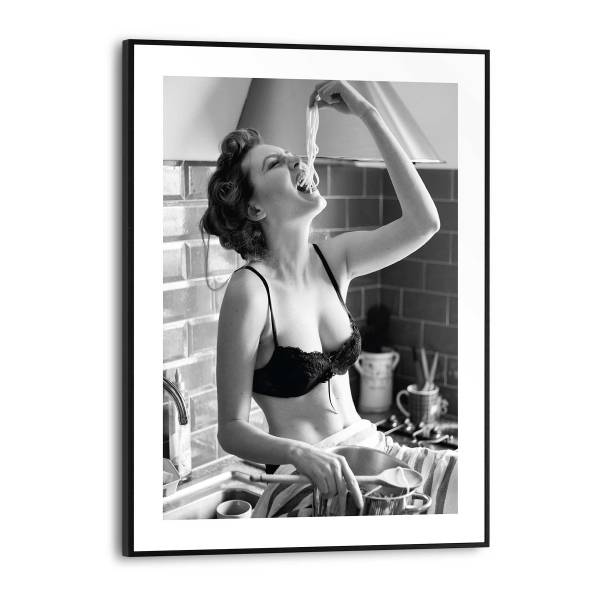 Kunstdruck Pasta Lady MDF - Schwarz / Weiß