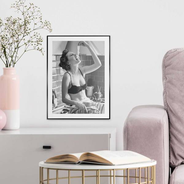Kunstdruck Pasta Lady MDF - Schwarz / Weiß