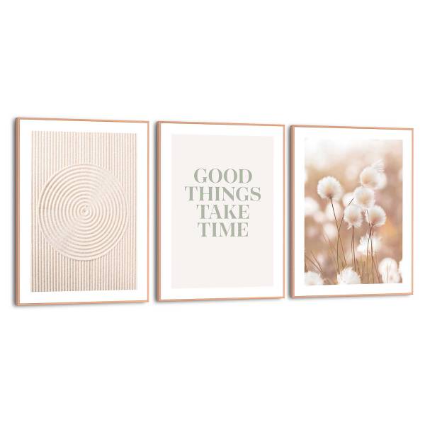 Kunstdruck Nature 3er-Set MDF - Beige / Weiß
