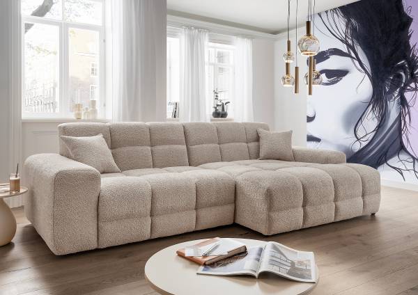 Ecksofa ARIVAA mit Longchair Bouclé Stoff Zofie: Sandbeige - Longchair davorstehend rechts