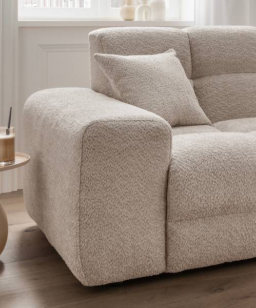 Ecksofa ARIVAA mit Longchair Bouclé Stoff Zofie: Sandbeige - Longchair davorstehend rechts