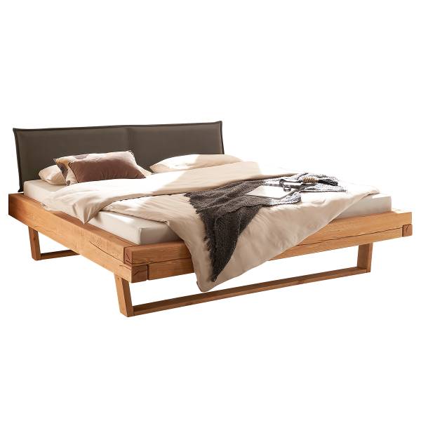 Houten bed Ocal type A met stoffering microvezel - grijs/honingkleurig grenenhout - 140 x 200 cm