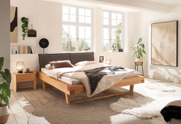 Houten bed Ocal type A met stoffering microvezel - grijs/honingkleurig grenenhout - 140 x 200 cm