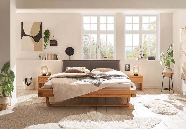 Houten bed Ocal type A met stoffering microvezel - grijs/honingkleurig grenenhout - 140 x 200 cm