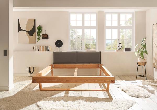 Houten bed Ocal type A met stoffering microvezel - grijs/honingkleurig grenenhout - 140 x 200 cm