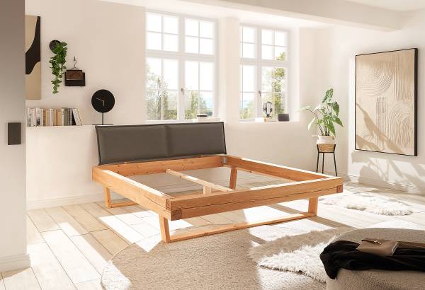 Houten bed Ocal type A met stoffering microvezel - grijs/honingkleurig grenenhout - 140 x 200 cm