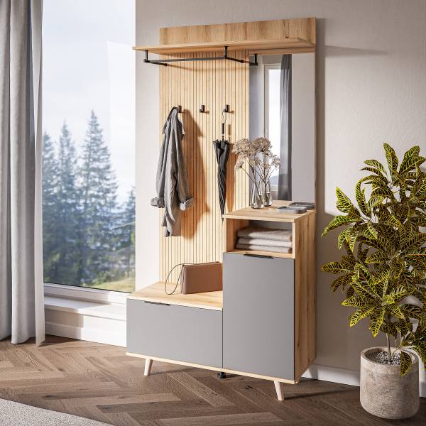 Kompaktgarderobe Nenden Typ C Grau / Eiche Artisan Dekor