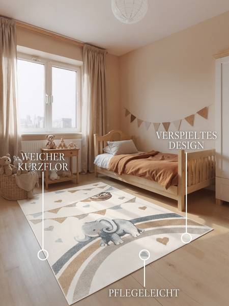 Kinderteppich Elephant Rainbow Party Polypropylen - Creme - 120 x 170 cm