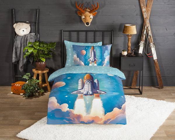 Linge de lit enfant Gunit flanelle - bleu - 140 x 200/220 cm + oreiller 70 x 60 cm
