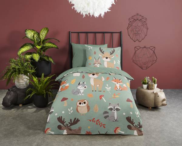Kinderbettwäsche Pikri Renforcé - Grün - 140 x 200/220 cm + Kissen 70 x 60 cm