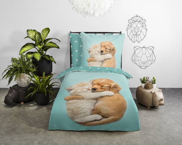 Kinderbettwäsche Linss Renforcé - Aqua - 135 x 200 cm + Kissen 80 x 80 cm