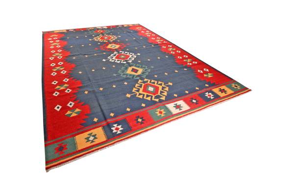 Tappeto pelo corto Kelim Gashgai 255242 Lana vergine - Blu