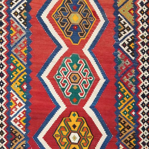 Tappeto pelo corto Kelim Gashgai 1866712 Lana vergine - Rosso / Beige