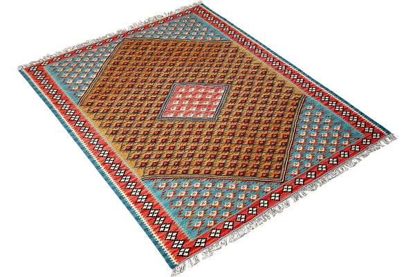 Tappeto pelo corto Kelim Senneh 2178664 Lana vergine - Marrone / Rosso
