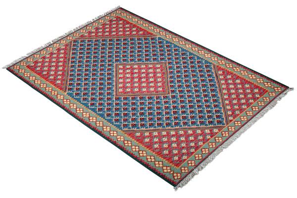 Tappeto pelo corto Kelim Senneh 2178077 Lana vergine - blu / verde