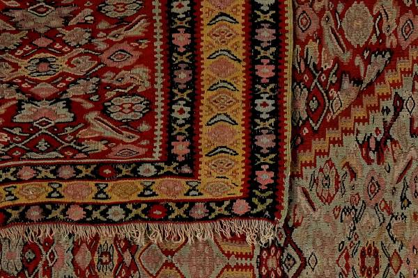 Tappeto a pelo corto Kelim Senneh 12943 Lana vergine - Rosso / Beige