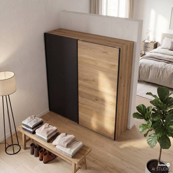 Zweefdeurkast Nimora grijs - eikenhout - 215 x 210 x 60 cm