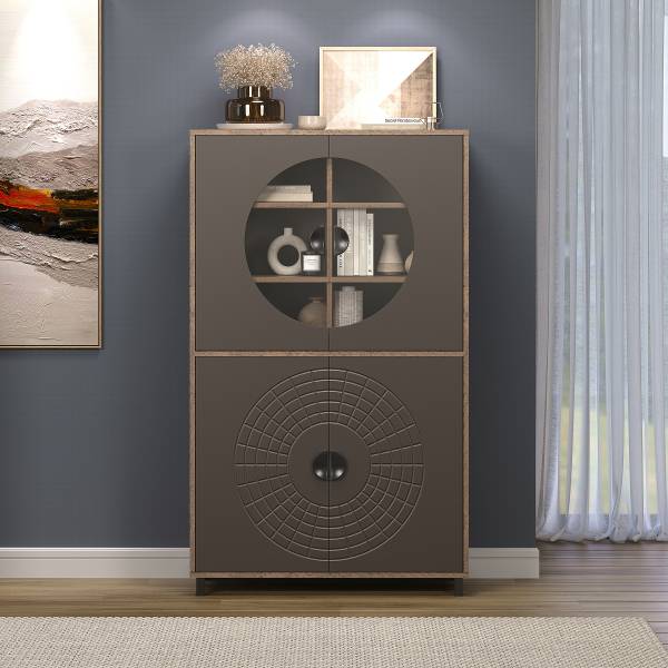 Highboard Fusion mit Glastüren Graphit / Eiche Dunkel Dekor