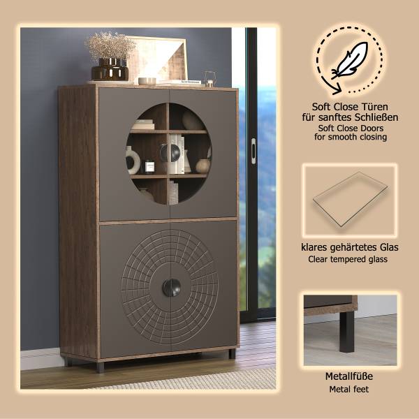 Highboard Fusion mit Glastüren Graphit / Eiche Dunkel Dekor