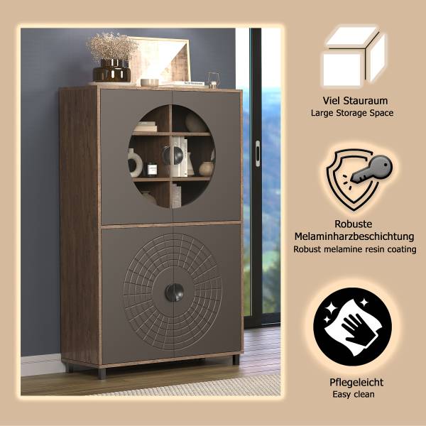 Highboard Fusion mit Glastüren Graphit / Eiche Dunkel Dekor