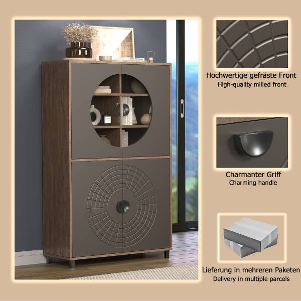 Highboard Fusion mit Glastüren Graphit / Eiche Dunkel Dekor