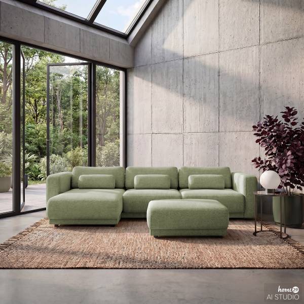 Ecksofa ONDA 3-Sitzer mit Longchair Webstoff Amaris: Grün - Longchair davorstehend links
