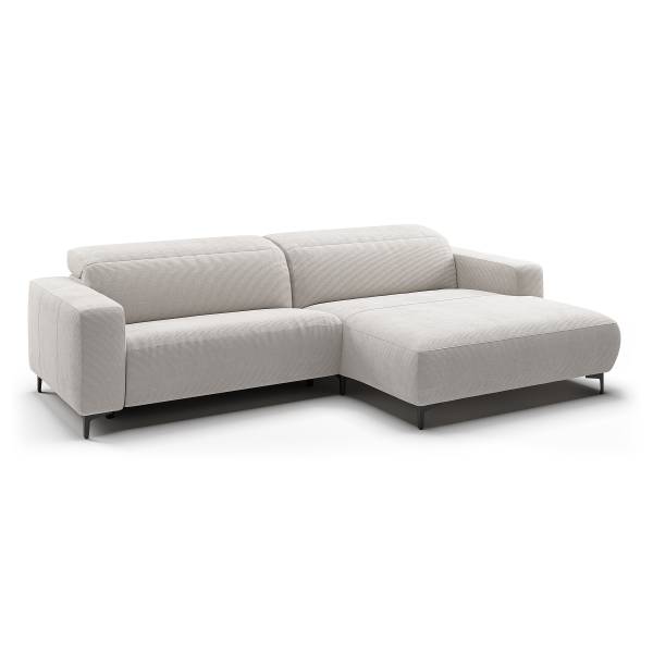 Ecksofa THE PURIST opt. Relaxfunktion Feincordstoff Feena: Weiß - Longchair davorstehend rechts - Kopfstütze verstellbar - Relaxfunktion