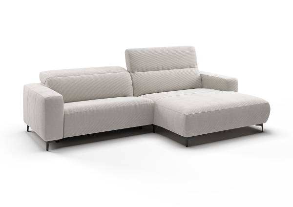 Ecksofa THE PURIST opt. Relaxfunktion Feincordstoff Feena: Weiß - Longchair davorstehend rechts - Kopfstütze verstellbar - Relaxfunktion