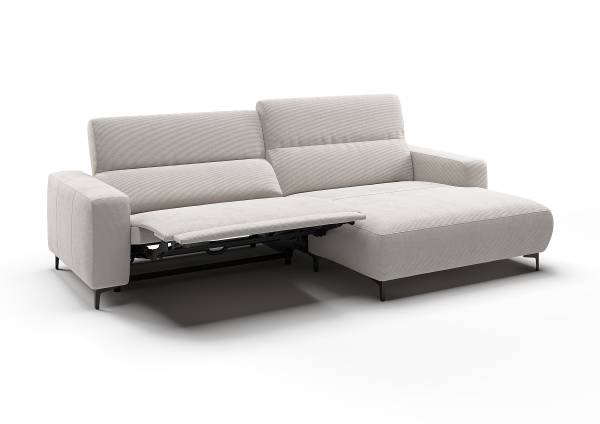 Ecksofa THE PURIST opt. Relaxfunktion Feincordstoff Feena: Weiß - Longchair davorstehend rechts - Kopfstütze verstellbar - Relaxfunktion