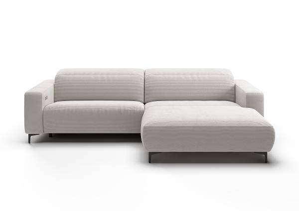 Ecksofa THE PURIST opt. Relaxfunktion Feincordstoff Feena: Weiß - Longchair davorstehend rechts - Kopfstütze verstellbar - Relaxfunktion