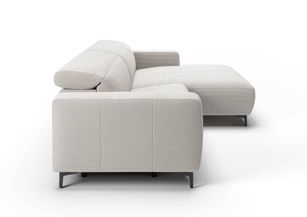 Ecksofa THE PURIST opt. Relaxfunktion Feincordstoff Feena: Weiß - Longchair davorstehend rechts - Kopfstütze verstellbar - Relaxfunktion