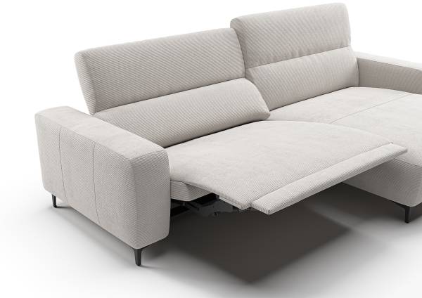 Ecksofa THE PURIST opt. Relaxfunktion Feincordstoff Feena: Weiß - Longchair davorstehend rechts - Kopfstütze verstellbar - Relaxfunktion