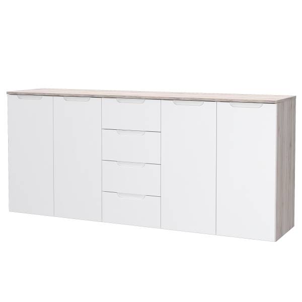 Sideboard Mijay mit Schubladen Hochglanz Weiß / Sandeiche Dekor