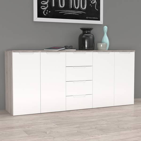 Sideboard Mijay mit Schubladen Hochglanz Weiß / Sandeiche Dekor