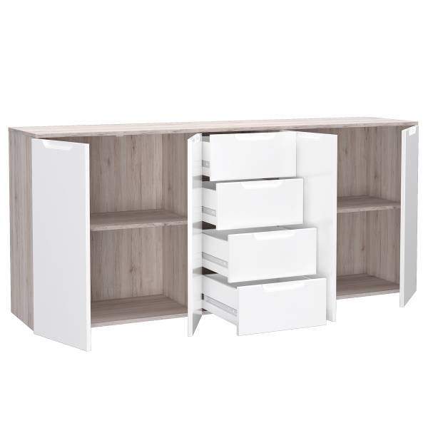 Sideboard Mijay mit Schubladen Hochglanz Weiß / Sandeiche Dekor