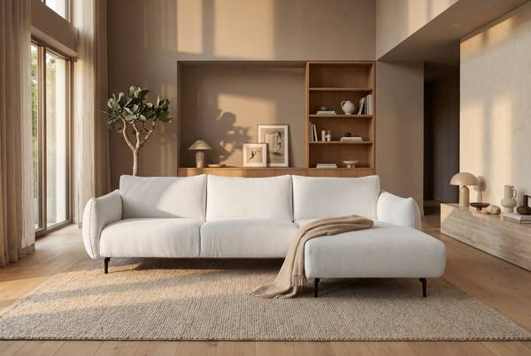 Ecksofa LESSLY mit Longchair Webstoff Stormy: Creme - Longchair davorstehend rechts