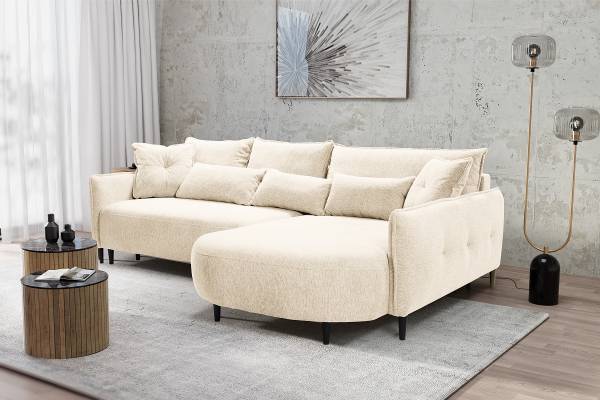 Hoekbank Kolbe met slaapfunctie Geweven stof Gleni: crèmekleurig - chaise longue vooraanzicht rechts