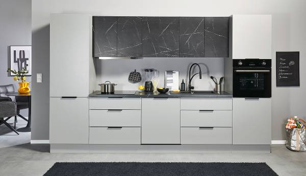 Küchenzeile Maloyas 340 cm Grau / Marmor Dunkel Dekor - Elektrogeräte Premium