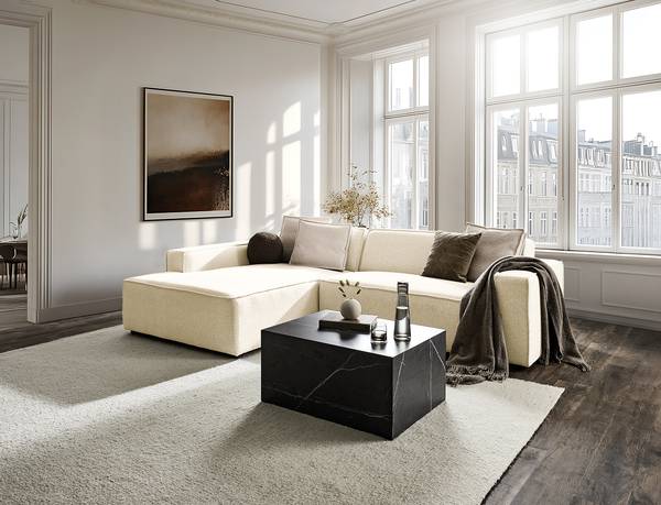 Ecksofa Ipari mit Longchair Chenille Raica: Wollweiß - Longchair davorstehend links