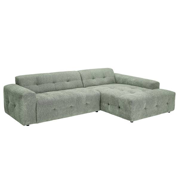 Canapé d'angle Aduan avec ottomane Tissu chenille Sorea: Vert - Méridienne longue à droite (vue de face)