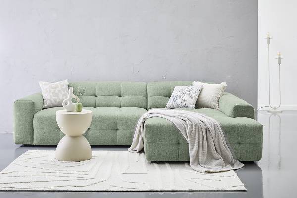 Canapé d'angle Aduan avec ottomane Tissu chenille Sorea: Vert - Méridienne longue à droite (vue de face)