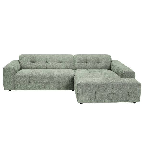 Canapé d'angle Aduan avec ottomane Tissu chenille Sorea: Vert - Méridienne longue à droite (vue de face)