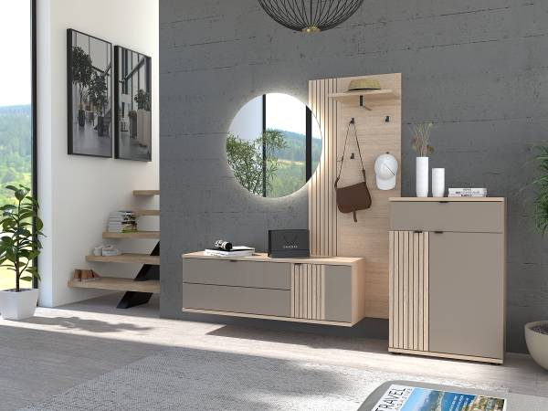 Garderobenset Smidstrup 4-teilig Inkl. Beleuchtung - Basalt / Eiche Riva Dekor