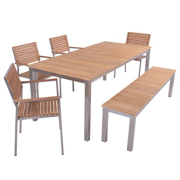 Sitzgruppe Dallas Denver 6-teilig B Braun - Silber - Teakholz - Edelstahl 18/10 - 190 x 86 x 300 cm