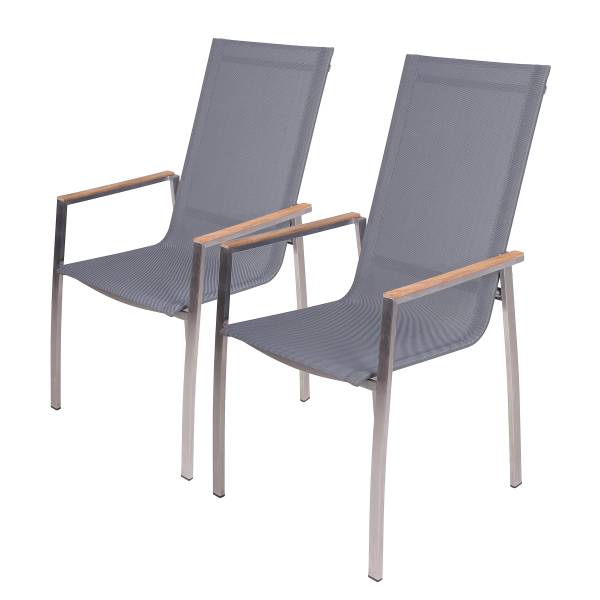 Stapelstuhl Pavia 2er-Set Braun - Grau - Silber - Polyester - Teakholz - Edelstahl 18/10 - 61 x 103 x 56 cm