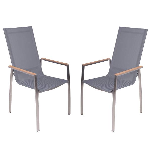 Stapelstuhl Pavia 2er-Set Braun - Grau - Silber - Polyester - Teakholz - Edelstahl 18/10 - 61 x 103 x 56 cm