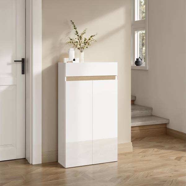 Commode à chaussures Rainbow avec tiroir Blanc laqué / revêtement chêne Lindberg - Largeur : 63 cm