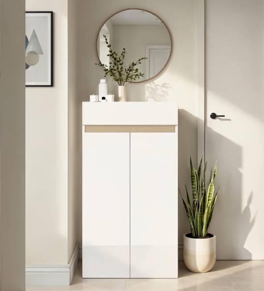 Commode à chaussures Rainbow avec tiroir Blanc laqué / revêtement chêne Lindberg - Largeur : 63 cm
