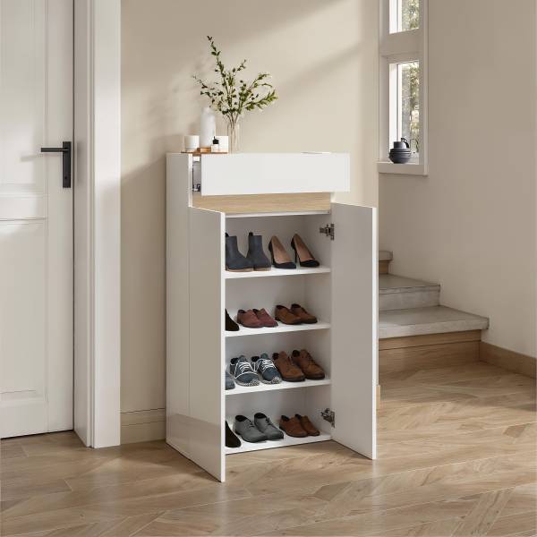 Commode à chaussures Rainbow avec tiroir Blanc laqué / revêtement chêne Lindberg - Largeur : 63 cm